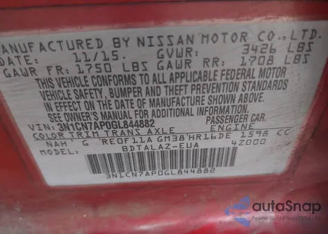 2016 Nissan Versa S Plus z USA, uszkodzony, nr VIN 3N1CN7AP0GL844882